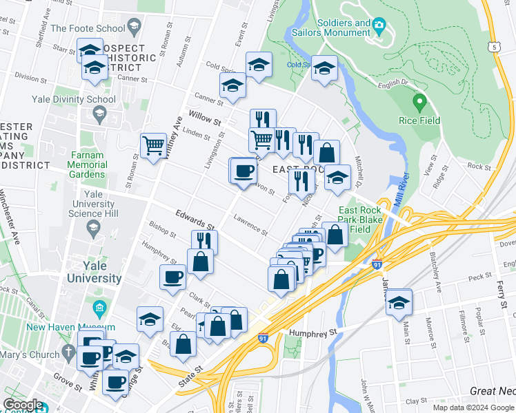 map of restaurants, bars, coffee shops, grocery stores, and more near 20 Cottage Street in New Haven