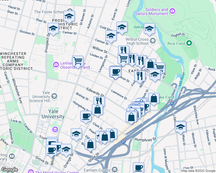 map of restaurants, bars, coffee shops, grocery stores, and more near 685 Orange Street in New Haven