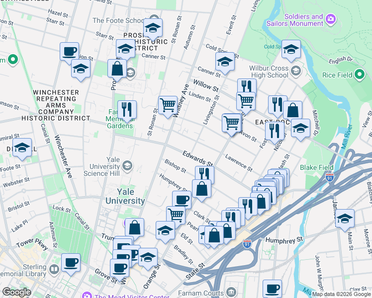 map of restaurants, bars, coffee shops, grocery stores, and more near 205 Edwards Street in New Haven