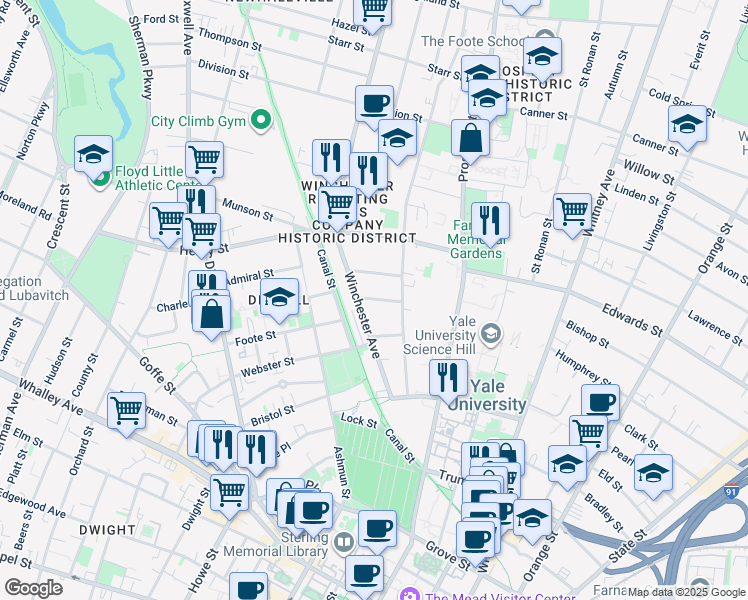 map of restaurants, bars, coffee shops, grocery stores, and more near 26 Woodland Street in New Haven