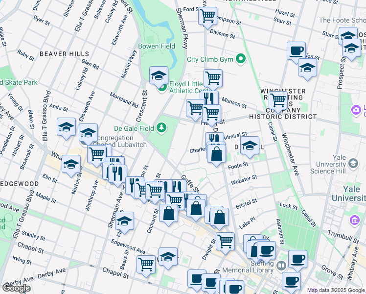 map of restaurants, bars, coffee shops, grocery stores, and more near 658 Orchard Street in New Haven