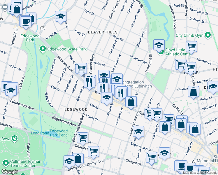 map of restaurants, bars, coffee shops, grocery stores, and more near 333 Ellsworth Avenue in New Haven