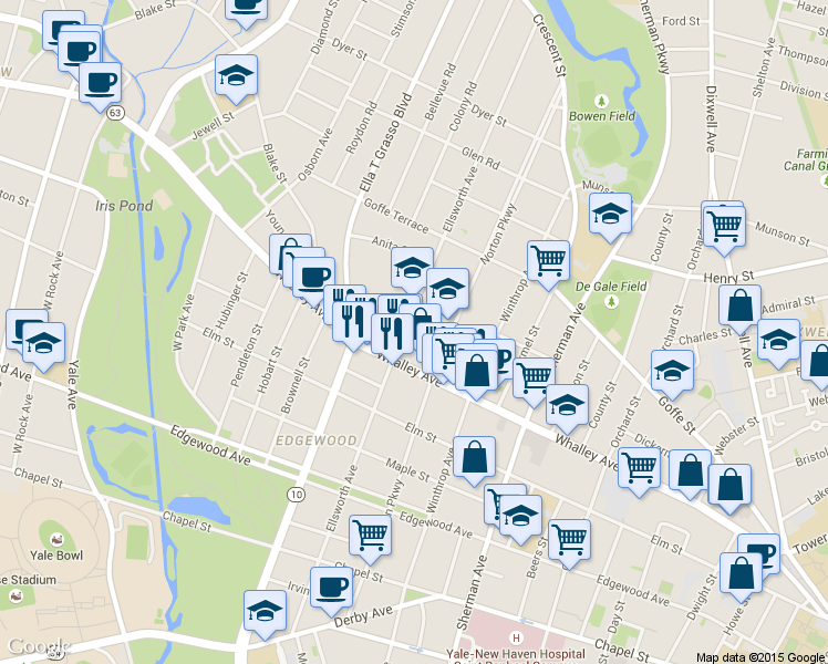 map of restaurants, bars, coffee shops, grocery stores, and more near 333 Ellsworth Avenue in New Haven