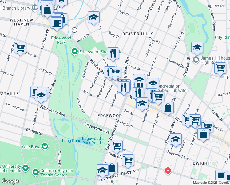 map of restaurants, bars, coffee shops, grocery stores, and more near 112 Brownell Street in New Haven