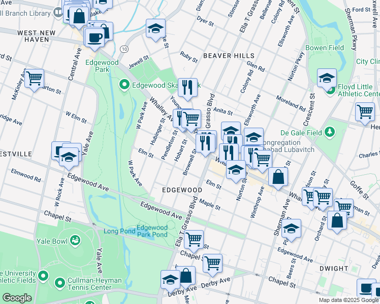 map of restaurants, bars, coffee shops, grocery stores, and more near 112 Brownell Street in New Haven