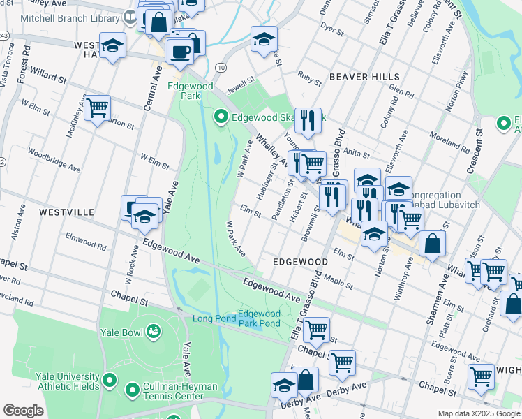 map of restaurants, bars, coffee shops, grocery stores, and more near 971 Elm Street in New Haven