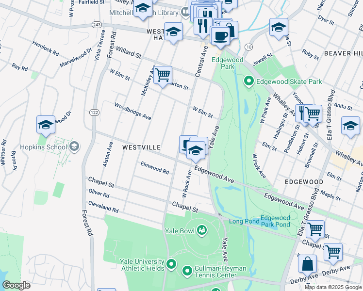 map of restaurants, bars, coffee shops, grocery stores, and more near 358 Central Avenue in New Haven