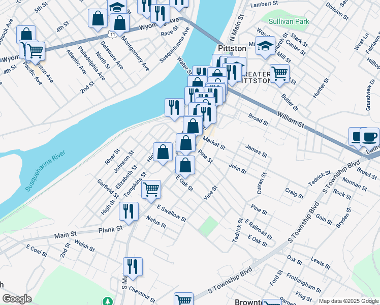 map of restaurants, bars, coffee shops, grocery stores, and more near 155 South Main Street in Pittston