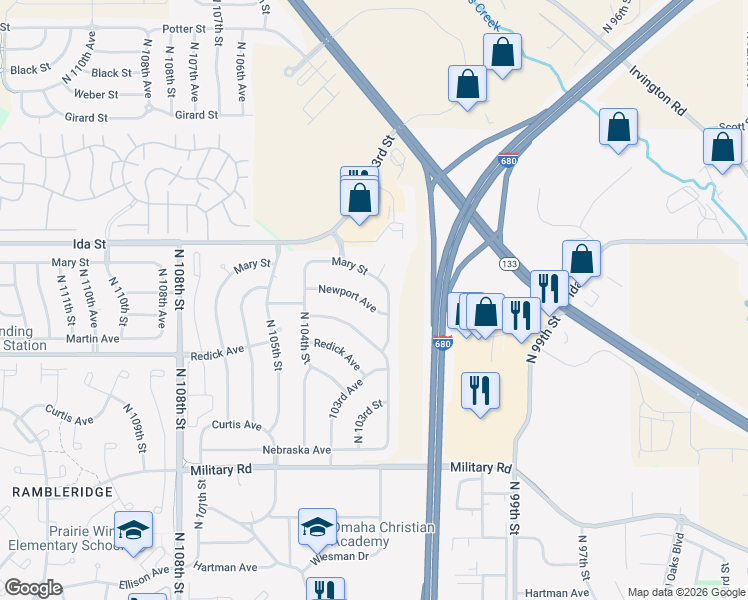map of restaurants, bars, coffee shops, grocery stores, and more near 10265 Newport Avenue in Omaha
