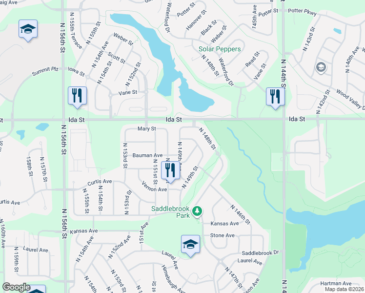 map of restaurants, bars, coffee shops, grocery stores, and more near 6620 North 149th Street in Omaha