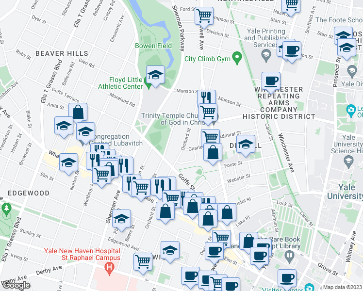 map of restaurants, bars, coffee shops, grocery stores, and more near 680 Orchard Street in New Haven