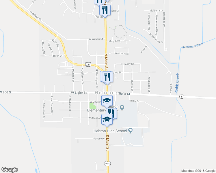 map of restaurants, bars, coffee shops, grocery stores, and more near 121 North Main Street in Hebron
