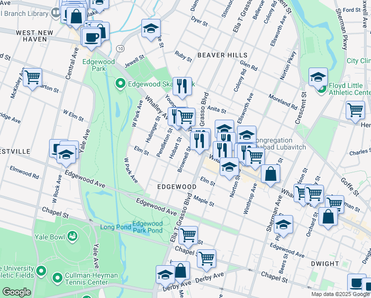 map of restaurants, bars, coffee shops, grocery stores, and more near 112 Brownell Street in New Haven