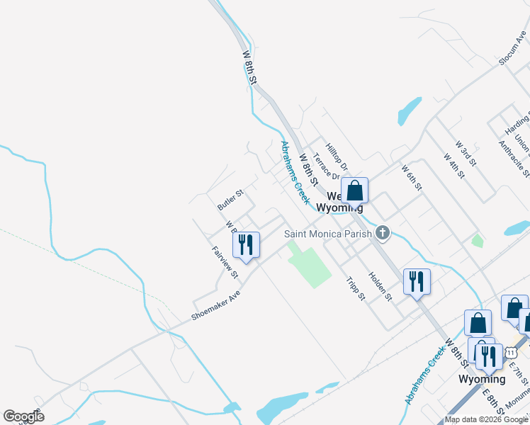 map of restaurants, bars, coffee shops, grocery stores, and more near 558 Johnson Street in West Wyoming