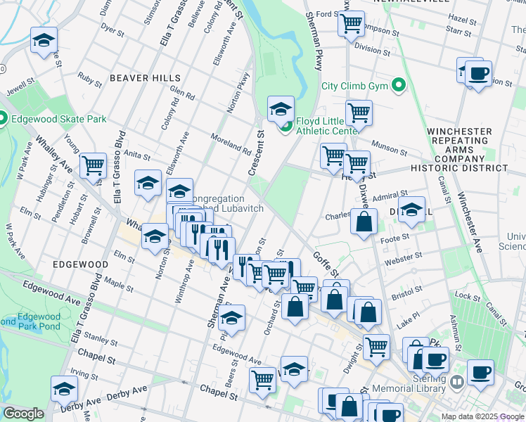 map of restaurants, bars, coffee shops, grocery stores, and more near 391 Sherman Avenue in New Haven