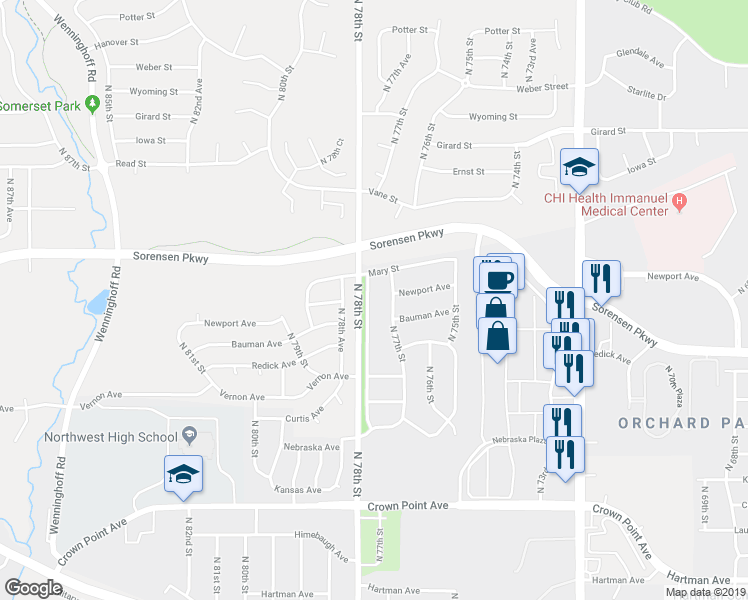 map of restaurants, bars, coffee shops, grocery stores, and more near 6623 North 78th Street in Omaha