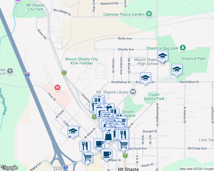 map of restaurants, bars, coffee shops, grocery stores, and more near 413 East Ivy Street in Mount Shasta