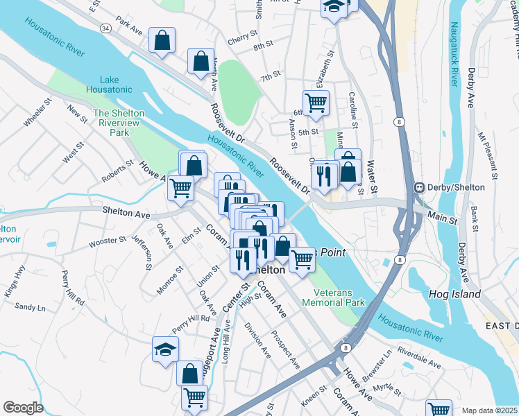 map of restaurants, bars, coffee shops, grocery stores, and more near 185 Canal Street East in Shelton