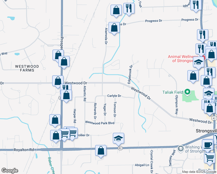 map of restaurants, bars, coffee shops, grocery stores, and more near 20370 Carlyle Drive in Strongsville