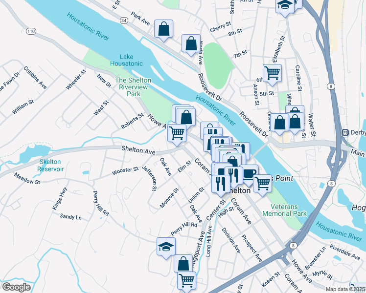 map of restaurants, bars, coffee shops, grocery stores, and more near 47 Wooster Street in Shelton