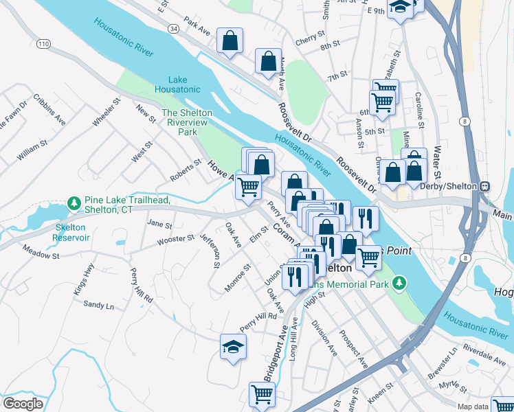 map of restaurants, bars, coffee shops, grocery stores, and more near 47 Wooster Street in Shelton