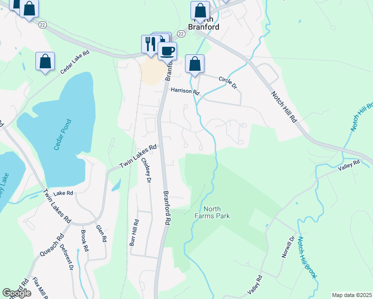 map of restaurants, bars, coffee shops, grocery stores, and more near 203 Branford Road in North Branford