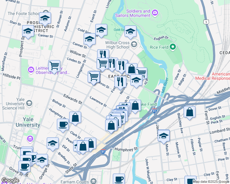 map of restaurants, bars, coffee shops, grocery stores, and more near 81 Foster Street in New Haven