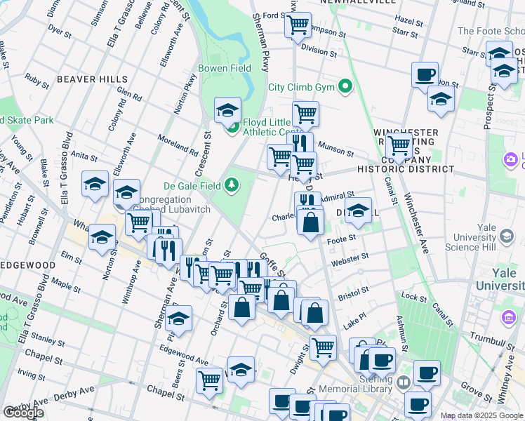 map of restaurants, bars, coffee shops, grocery stores, and more near 658 Orchard Street in New Haven