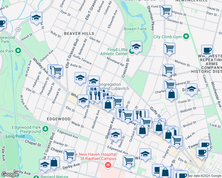 map of restaurants, bars, coffee shops, grocery stores, and more near 513 Winthrop Avenue in New Haven