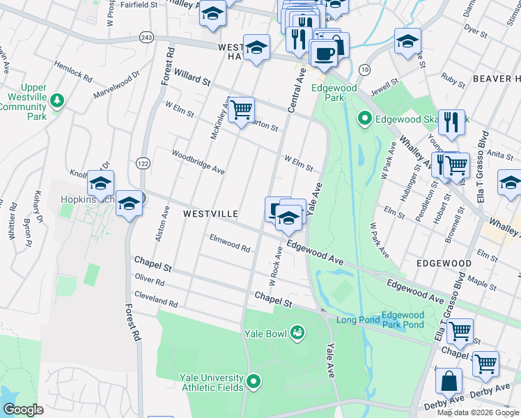 map of restaurants, bars, coffee shops, grocery stores, and more near 358 Central Avenue in New Haven