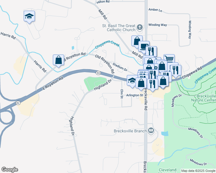 map of restaurants, bars, coffee shops, grocery stores, and more near 8997 Highland Drive in Brecksville