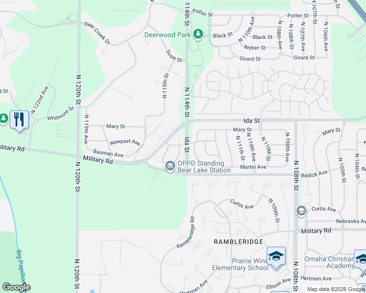 map of restaurants, bars, coffee shops, grocery stores, and more near 6617 North 114 Avenue in Omaha