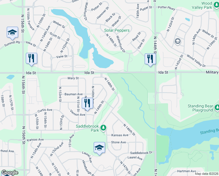 map of restaurants, bars, coffee shops, grocery stores, and more near 6606 North 148th Street in Omaha