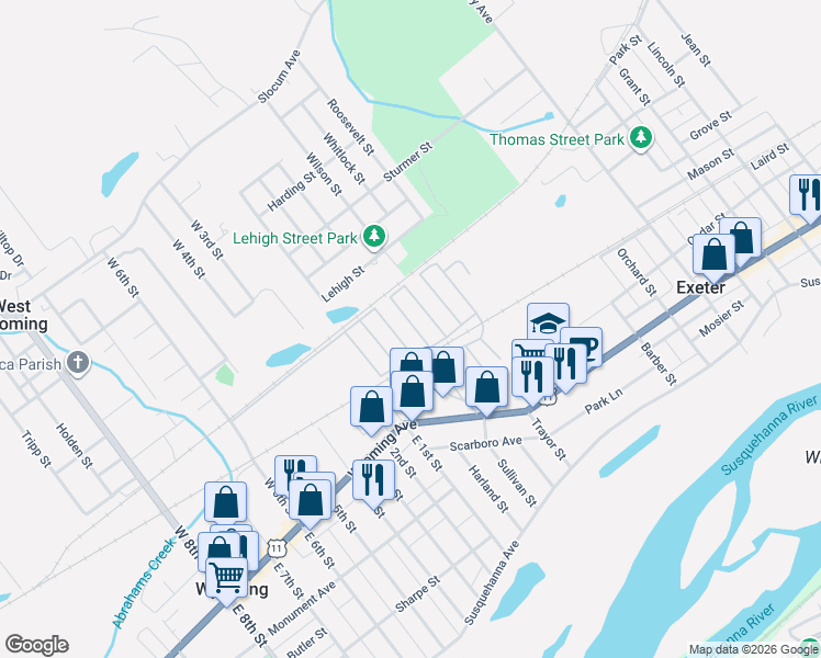 map of restaurants, bars, coffee shops, grocery stores, and more near 6th Street in Exeter
