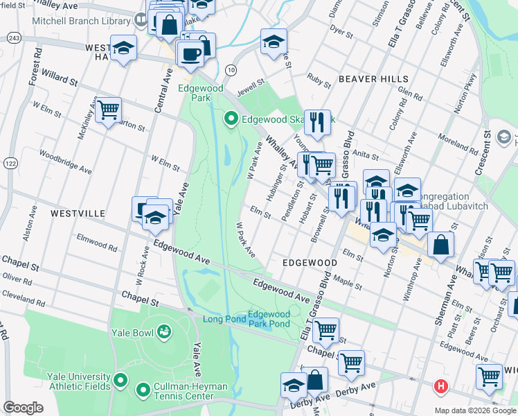 map of restaurants, bars, coffee shops, grocery stores, and more near 64 Hubinger Street in New Haven
