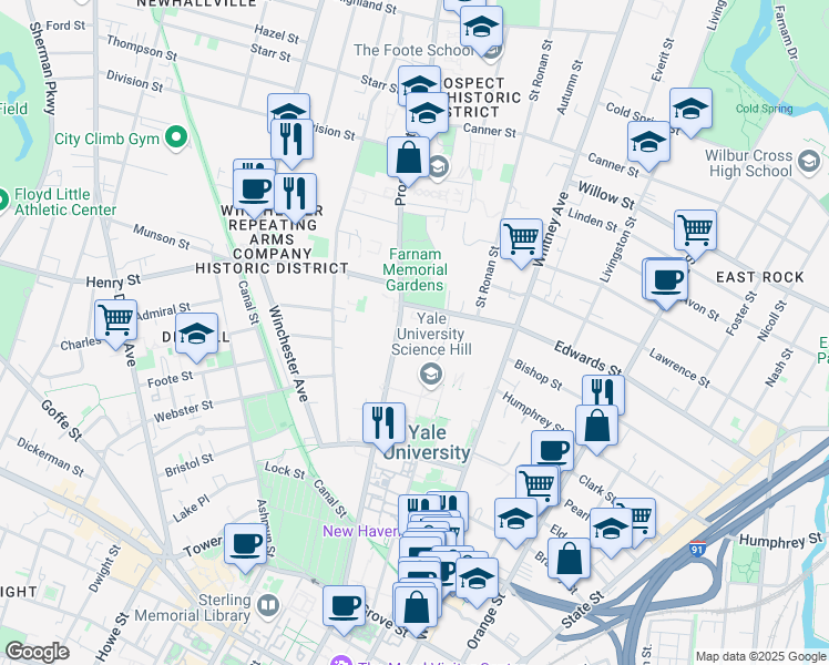 map of restaurants, bars, coffee shops, grocery stores, and more near 285 Prospect Street in New Haven