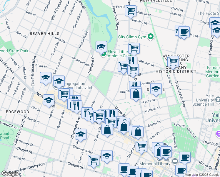 map of restaurants, bars, coffee shops, grocery stores, and more near 135 County Street in New Haven