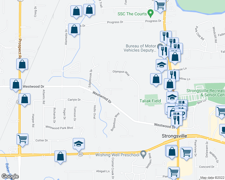 map of restaurants, bars, coffee shops, grocery stores, and more near 12919 Dell Ridge Court in Strongsville