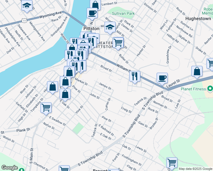 map of restaurants, bars, coffee shops, grocery stores, and more near 46 James Street in Pittston