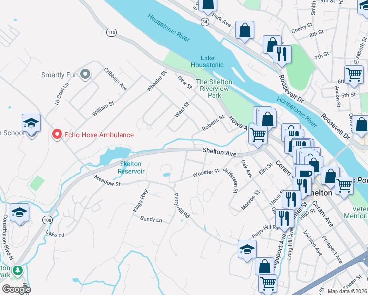 map of restaurants, bars, coffee shops, grocery stores, and more near 100 Shelton Avenue in Shelton