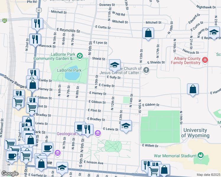 map of restaurants, bars, coffee shops, grocery stores, and more near 1105 East Harney Street in Laramie