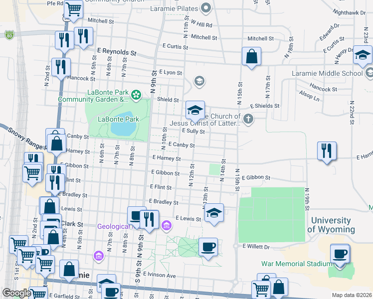 map of restaurants, bars, coffee shops, grocery stores, and more near 1105 East Harney Street in Laramie