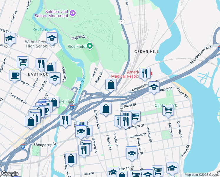 map of restaurants, bars, coffee shops, grocery stores, and more near 1329 State Street in New Haven