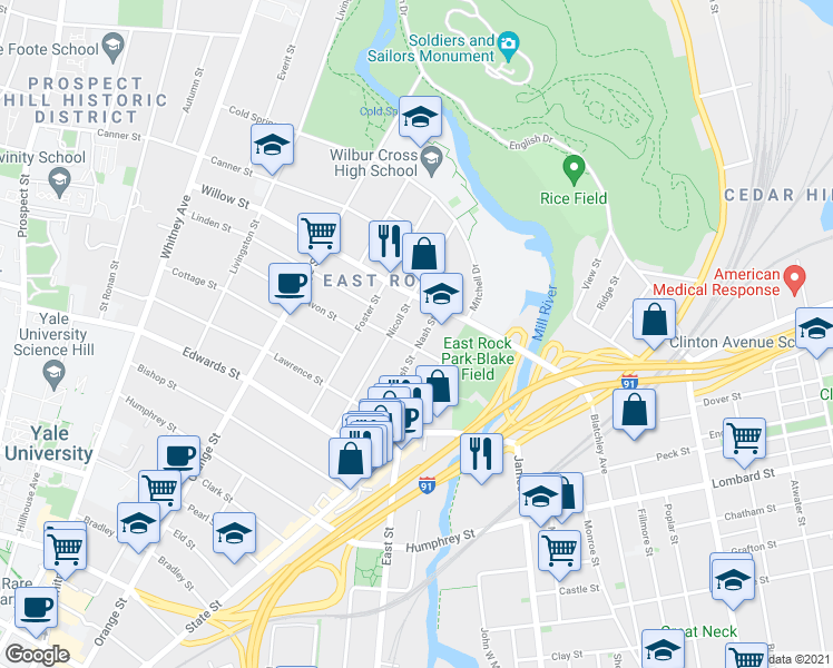 map of restaurants, bars, coffee shops, grocery stores, and more near 98 Eagle Street in New Haven