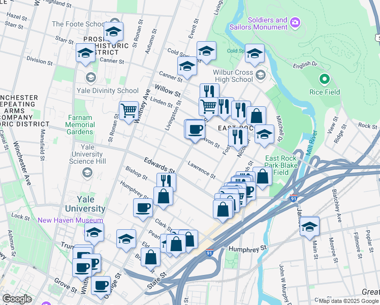 map of restaurants, bars, coffee shops, grocery stores, and more near 685 Orange Street in New Haven