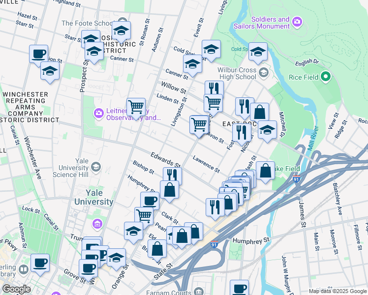 map of restaurants, bars, coffee shops, grocery stores, and more near 178 Lawrence Street in New Haven