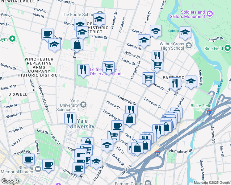 map of restaurants, bars, coffee shops, grocery stores, and more near 250 Edwards Street in New Haven