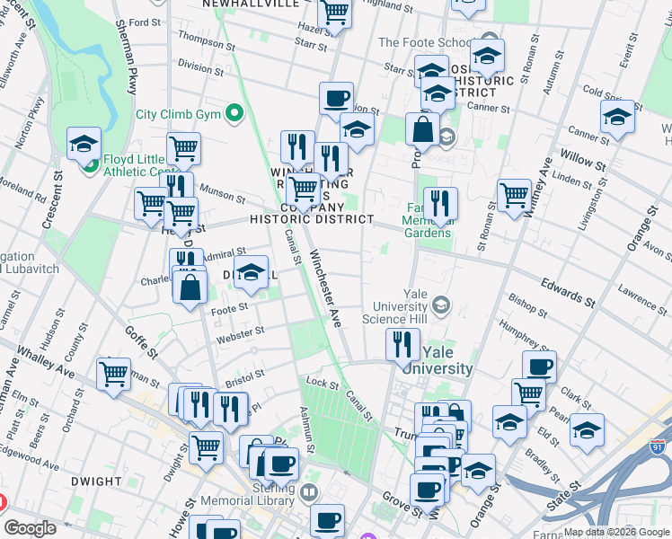 map of restaurants, bars, coffee shops, grocery stores, and more near 26 Woodland Street in New Haven