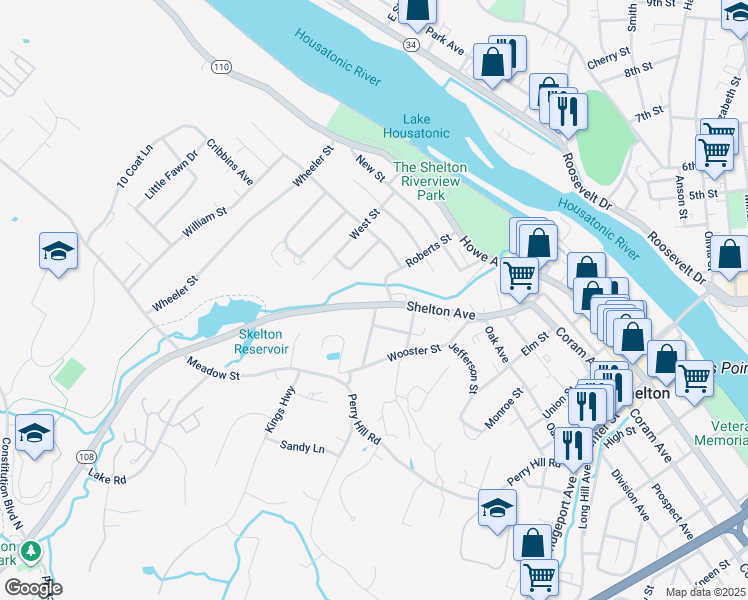 map of restaurants, bars, coffee shops, grocery stores, and more near 84 Shelton Avenue in Shelton