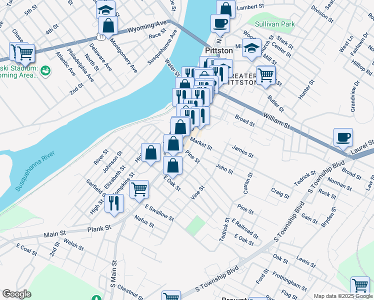 map of restaurants, bars, coffee shops, grocery stores, and more near 6 Cherry Alley in Pittston